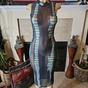 NWT. SHEIN Dark Blue And Turquoise Sheer Dress. Size Small